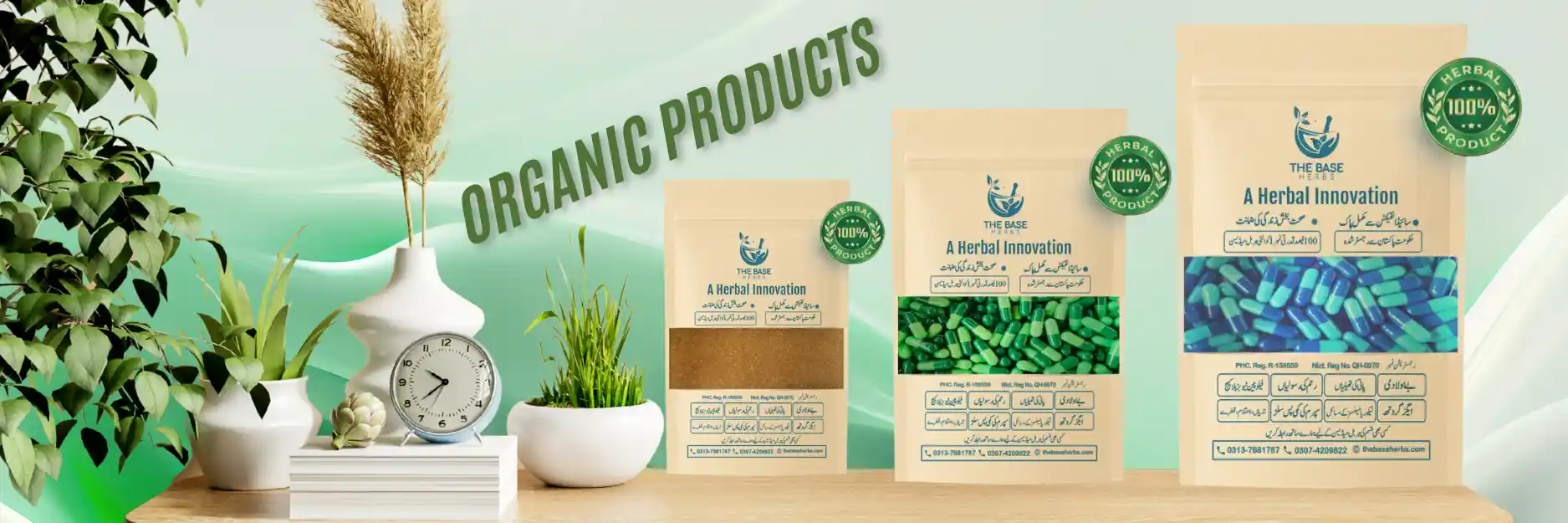 The Base Herbs logo and herbal products collection promoting natural health and wellness